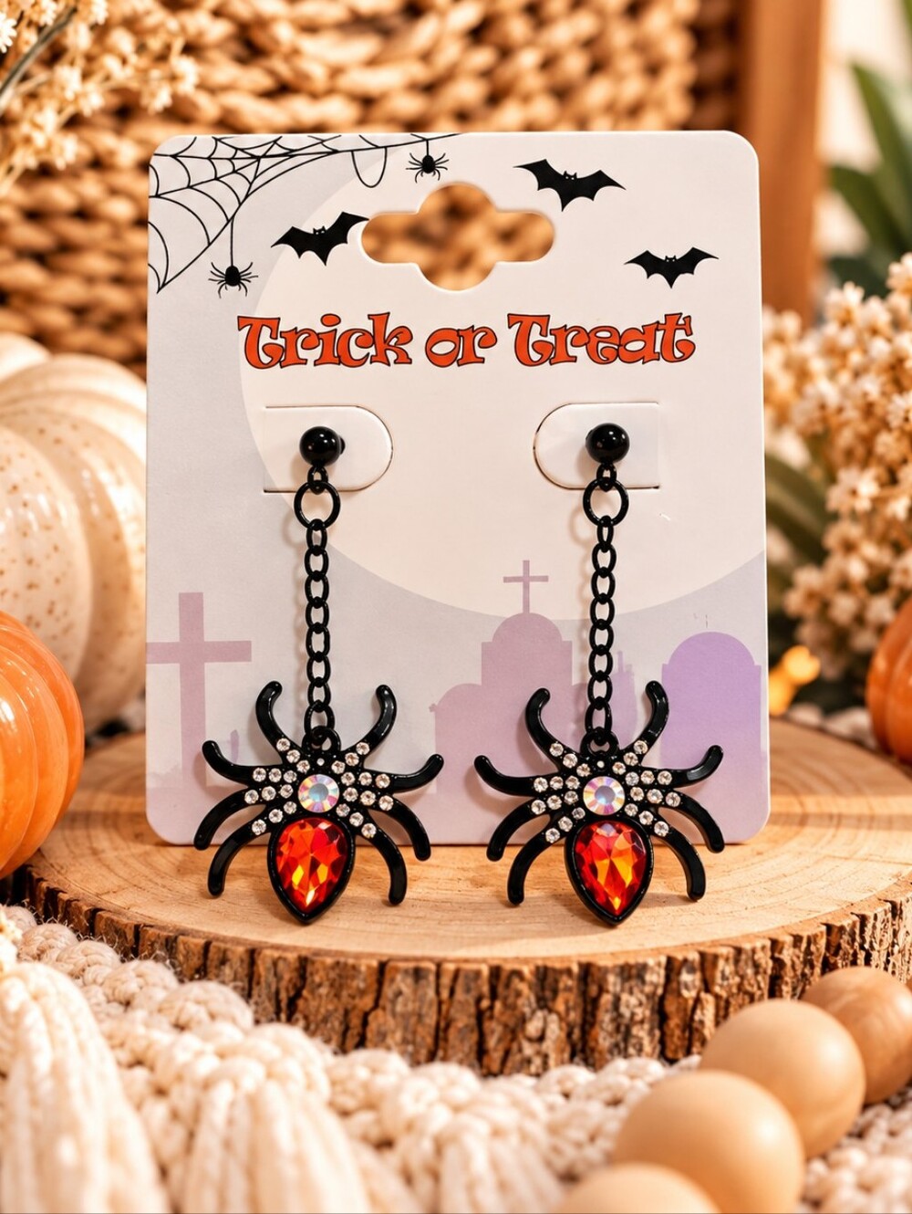Halloween Black Spider Dangle Earrings with Red Gem